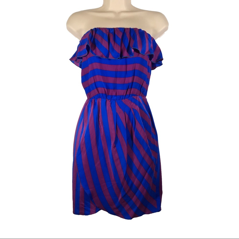 Purple Blue 70s Strapless Silk Mini Party Dress